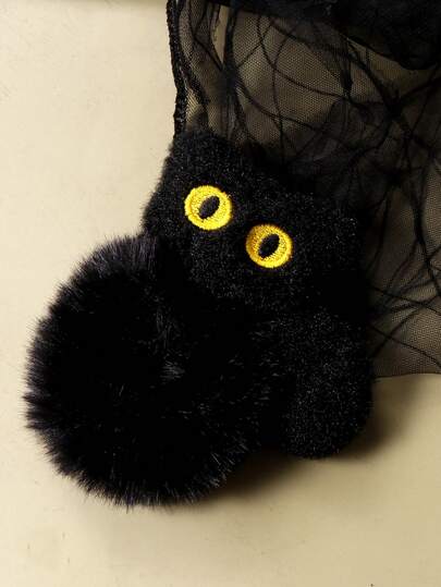 1pc Cute Fluffy Black Cat Plush Hair Scrunchie, Halloween Party Decor ,Ponytail Holders ,Hair Elastics ,Hair Rubber Bands ,Hair Rope