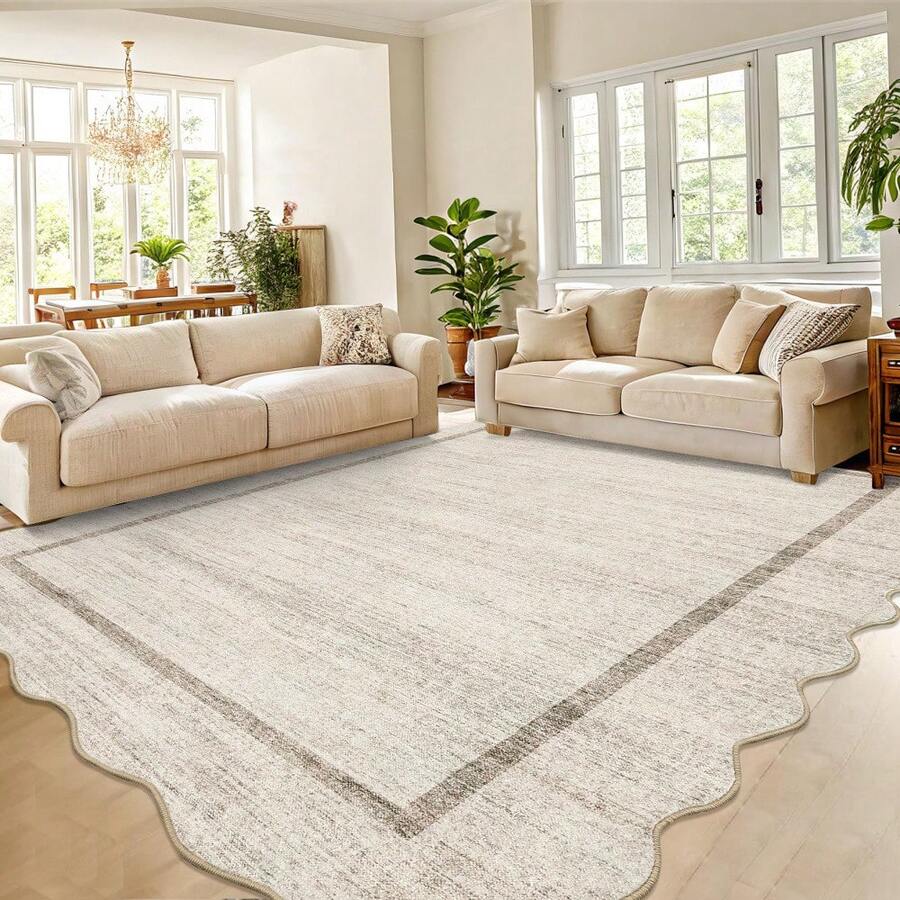 Modern Home Decor Simple Living Room Area Rug Non Slip Thin Bordered Entrance Runner Rug Non Shedding Low Pile Mat Throw Rug Easy To Clean Stain Resistant Carpet Printed Washable Soft Floorcover For Dinning Room Kitchen Laundry Bathroom Bedroom - Beige - View 1