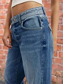 European And American Solid-Color Women's Casual And Fashionable, Loose Wide-Leg Pants, Versatile, Slightly Elastic And Comfortable, Straight-Cut Mid-Waist, Slimming And Taller, Denim Nine-Inch Pants - 藍色 - 查看 3
