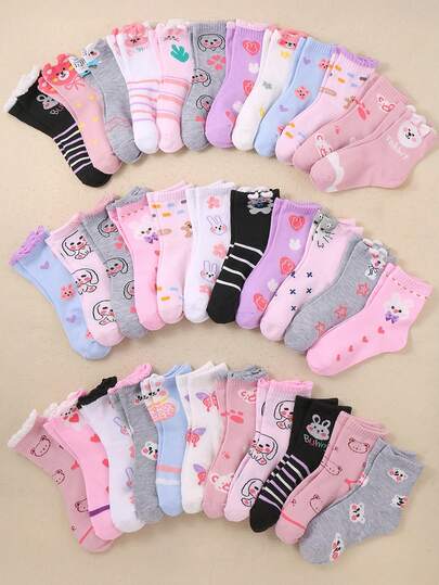 20 Pairs Girls' Socks, Assorted Colors And Cute Unique Patterns Including Hearts, Bows, Rabbits, Flowers, Soft And Breathable For Daily Wear, Holiday And Party Gifts, Random Color And Style Delivery
