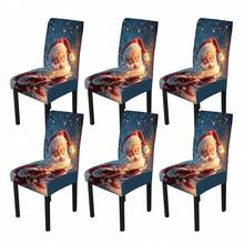 1/4/5/6/7/36pcs Christmas Santa Claus Holding Glowing Magic Wand With Snowflake & Glitter Print Chair Cover/Slipcover Set, Suitable For Indoor Home, Restaurant, Hotel, Ideal For Modern Daily Decor. Tablecloth Fits Square Dining Table, Elastic Chair Cover Is Washable. - Multicolor - View 14