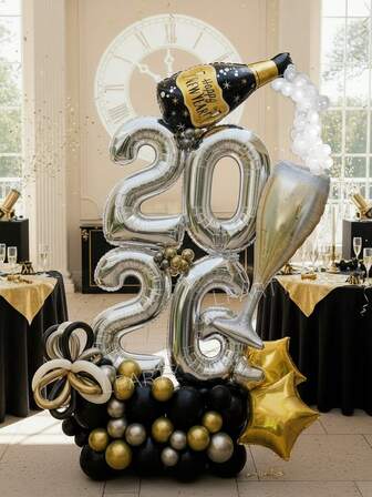 56pcs/Set New Year Party Decorations, 32" Silver Number "2026" Foil Balloons, Giant "Happy New Year" Wine Bottle & Beer Bottle Balloons, Giant Wine Glass Foil Balloon, 18" Gold Star Balloons, Suitable For New Year Countdown, Indoor Decor