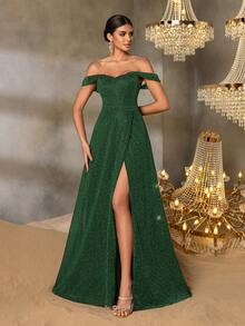 女士优雅露肩高开衩 A 字形礼服：适合盛大婚礼、尊贵舞厅舞会、独家红毯活动、高端慈善晚会、奢华新年晚会 - 墨綠色 - 查看 4