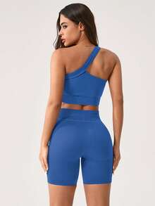 NcmRyu Women's Solid Color Sports Bra & Shorts Set - Minimalist Design, Stretchy Comfortable Activewear For Yoga, Fitness, Gym, Running & Outdoor Activities - 藍色 - 查看 5