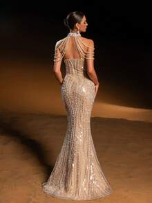 Faeriesty Haute Glamour Elegant Sparkly Mermaid Evening Gown With Sequins And Bead Accents, Delicate Pearl-Chain Straps, Sheer Tulle Fish-Tail Skirt – Perfect For Weddings, Red-Carpet Events, Evening Galas & Award Ceremonies For Women