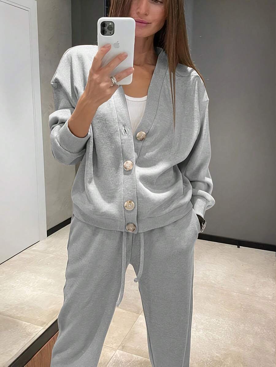 YI XUAN 2pcs Women Sports & Casual Knit Button-Up Jacket And Drawstring Pants Set Spring Elegant