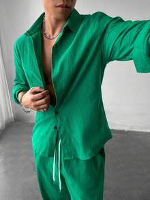 WAIT HIM Setelan 2 Potong Kemeja Lengan Panjang dan Celana Kasual Warna Polos Pria 100% Katun, Pakaian Musim Gugur - Hijau - View 8