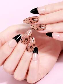 16 Spitzen halb-gehärtete Gel Nagel Wraps (Mehrfarbig) Retro personalisierter Leoparden-Muster einfache französische schwarze Kante Nail Art Aufkleber, selbstklebende Full-Wrap Nail Art, muss mit UV-Lampe verwendet werden, einfach anzuwenden und zu entfernen, geeignet für Frauen und Mädchen für tägliches Einkaufen, Party, DIY Nail Art Verwendung