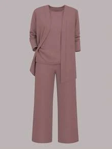 三件套加大码女式休闲纯色套装：外套/开衫 + 圆领无袖上衣 + 松紧腰直筒裤，通勤套装，春/秋/冬优雅百搭 - 藕粉紅色1 - 查看 4