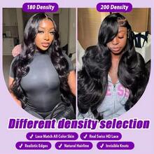 13x4蕾丝前假发，无胶真人混纺发丝，高清透明蕾丝，200%密度，自然波浪卷发，带婴儿发，预先拔毛，女士前额假发，30英寸自然发际线（黑色-自然波浪卷） - 自然色&黑色系 - 查看 5