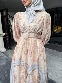 DAZY Vestido largo de estilo bohemio con estampado total y cintura ceñida, vestido de vacaciones de estilo francés, vestido elegante de manga larga para otoño, vestido elegante con estampado floral, vestido con adorno de encaje