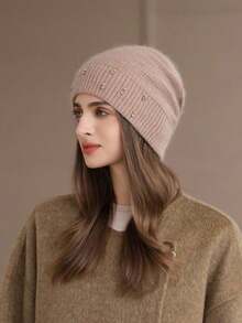 1pc Women's Rabbit Fur Knit Rhinestone Beanie Hat, Autumn/Winter Warm Thick Windproof Ski Cap, Fashionable & Versatile