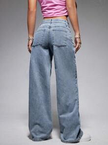 XIANGHE Jeans de pierna ancha casuales para mujer con bolsillo oblicuo para uso diario - Lavado ligero - Ver 3