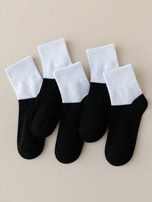 5 Pairs Classic Sports Style Student Socks, Suitable For Boys And Girls Aged 1-16, Suitable For Spring, Summer, Autumn And Winter, Round Neck Design, Easy To Wash, Black And White Color - Multicolor - View 8