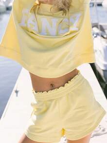 Women Y2k 2 Piece Outfit Sweat Set Loose Fit Casual Letter Embroidered Long Sleeve Sweatshirt Graphic Hoodies And Wide Leg Shorts Set Tracksuit Set Streetwear Preppy Aesthetic Clothes For Beach Vacation - 黃色 - 查看 2