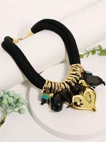 1pc Mixed Element Heart Pendant Necklace, Multi-Layer Chunky Rope Chain, Fashionable & Charming - Multicolor - View 13