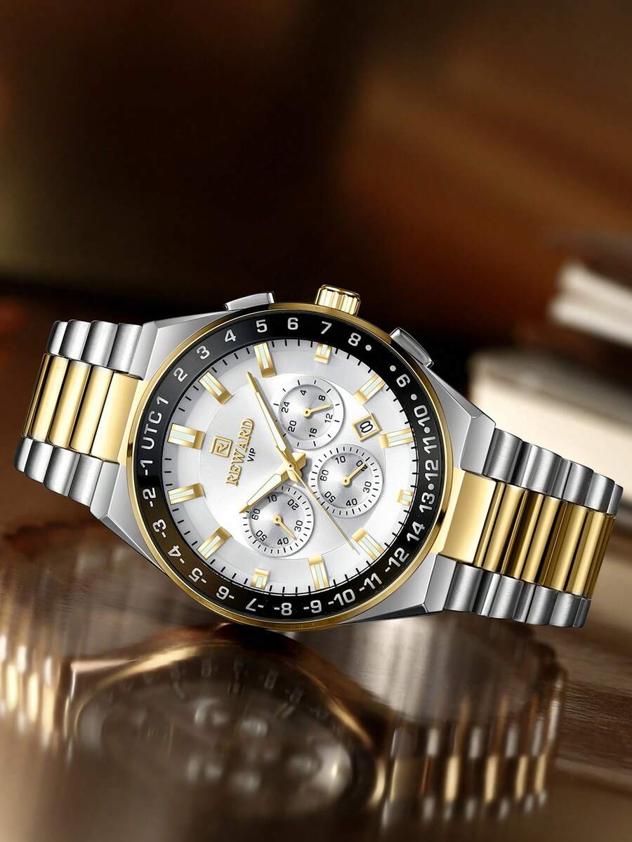 Reloj de cuarzo para hombres REWARD, estilo de moda de negocios, calendario de cronometraje, manecillas luminosas, multifuncional, de alta calidad, diseño clásico, correa de acero inoxidable - Multicolor - Ver 1