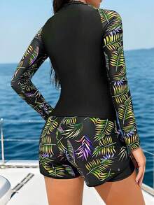 Conjunto De Blusa Y Pantalón De Manga Larga Con Estampado Tropical Para Mujer, Durante Vacaciones En La Playa, Ropa de Playa para Mujer,Traje De Baño Sexy De Dos Piezas De Manga Larga Para Mujer - Morado - Ver 2