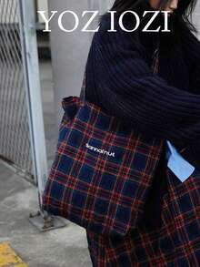 Campus 羊毛格纹单肩托特包，大容量通勤帆布包，适合大学生 - 彩色 - 查看 1