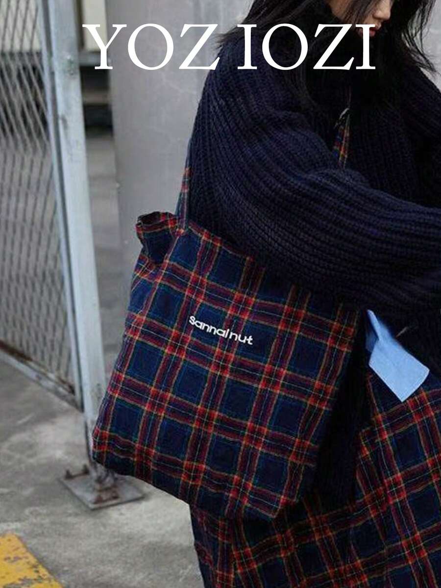 Campus 羊毛格纹单肩托特包，大容量通勤帆布包，适合大学生 - 彩色 - 查看 1