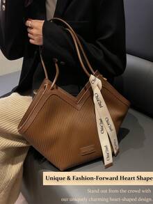 Heart Shaped Tote Bag For Women, Large Capacity PU Leather Top Handle Shoulder Bag - Elegant Retro Work Bag, Perfect Commuter & Mom Bag For Travel, Fits Laptop, Umbrella, Water Bottle, In White, Black, Brown,Shoulder Bag Pu Simple Bag For Work, Fashionable Business Casual Bag For Women, Perfect For Office, Business And Work[US Local Warehouse]Travel Essentials,School Supplies. - 黑與白 - 查看 4