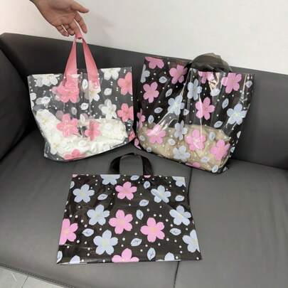 10/20/30/40/50pcs Nice Looking Flower Plastic Women's Clothing Clothing Supplies Tote Bag, Suitable For Gift Packaging, Shopping Storage Transparent Bag