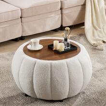 YDCOSYFY 30 Inches Large Round  Ottoman With Storage,Pumpkin Shape Upholstered Ottoman Coffee Table, With Removable Wooden Top, Soft Teddy Fabric Surface, For Living Room, Bedroom - 白色 - 查看 1