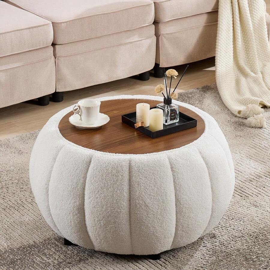 YDCOSYFY 30 Inches Large Round Ottoman With Storage,Pumpkin Shape Upholstered Ottoman Coffee Table, With Removable Wooden Top, Soft Teddy Fabric Surface, For Living Room, Bedroom - 白色 - 查看 1
