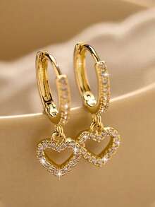 2 件立方氧化锆心形耳钉，简约设计，适合女孩
