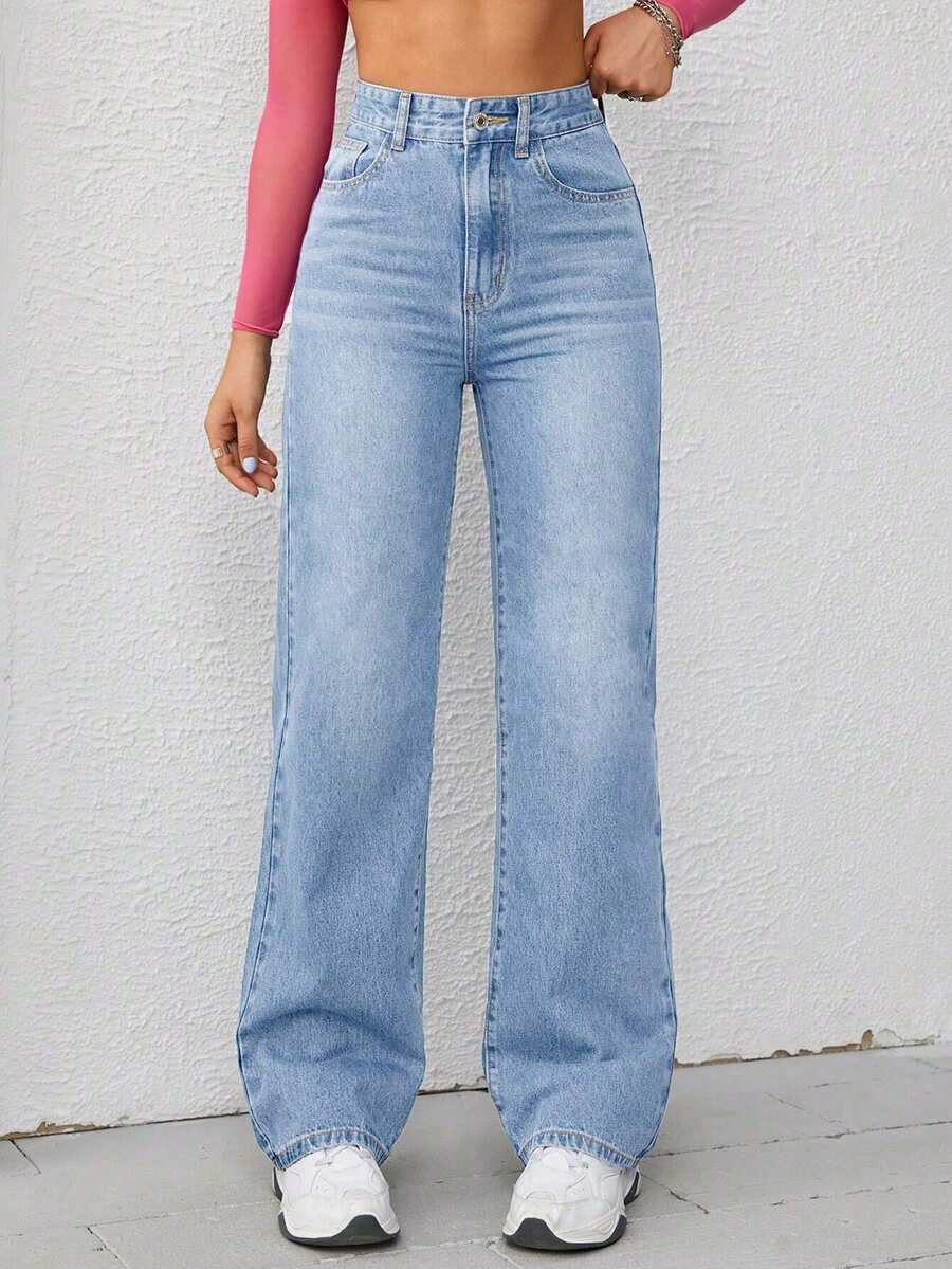 XIANGHE Jeans de pierna recta con bolsillo en diagonal, jeans rectos de mujer de cintura alta con botones, bolsillo - Lavado ligero - Ver 1
