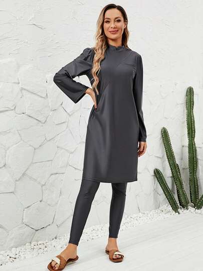 VFJ 3pcs Muslim Women High Waist Elastic Fabric Modest Swimsuit Set With Neon Green Trim, Full Coverage