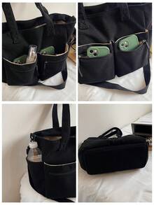 1 pieza Bolso de tela grande y versátil de estilo minimalista y de moda, con múltiples bolsillos prácticos, gran capacidad, adecuado para la escuela, la universidad, el trabajo y el uso casual, bolso de hombro para mujer - Negro - Ver 9
