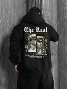 男士宽松连帽衫，黑色基础款休闲卫衣，饰有大卫和几何图案，秋冬款，长袖上衣 - 黑色 - 查看 3