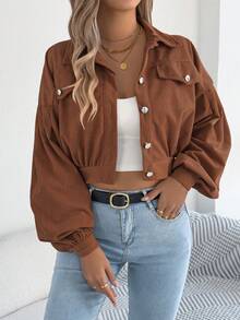 Áo khoác ngắn tay dài kiểu dáng thường ngày, tay phồng, chất liệu nhung kẻ, thích hợp cho mùa xuân/thu. - Cà phê nâu - Xem 5