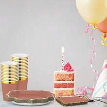 10 piezas/20 piezas/50 piezas, Platos de papel con borde dorado y diseño de vieira en color marrón, vasos y servilletas, Juego de vajilla desechable para fiestas, Plato de cena de 9 onzas con borde dorado y diseño de otoño, adecuado para cumpleaños, bodas, baby shower, Acción de Gracias, decoración del hogar, puede acomodar a 10 invitados (Marrón)