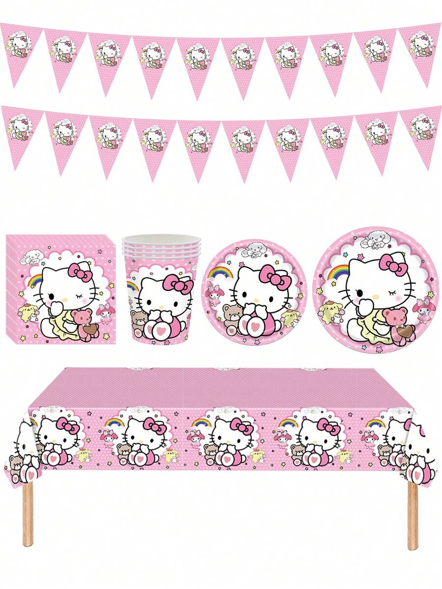 Sanrio 1/10/20/52 pièces/set Fournitures de fête Hello chat Vaisselle Gobelets en papier Serviettes en papier Nappe Drapeaux Sacs cadeaux Décoration de salle Convient pour anniversaire mariage cérémonie de remise des diplômes fête familiale quotidienne Décorations de Noël