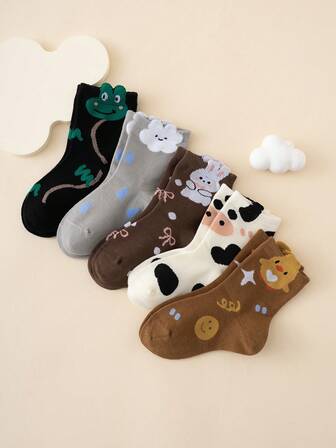 5 Pairs Cute Cartoon Multicolor Jacquard Cow, Frog, Rabbit, Cloud, Star, Dot Pattern Children's Mid-Calf Socks, All Season, European/American Size, Comfortable Breathable , Vibrant Colors, Suitable For Daily Wear, Premium Fabric, Non-Stuffy