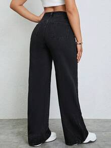 XIANGHE Jeans de pierna recta de talle alto - Negro - Ver 4