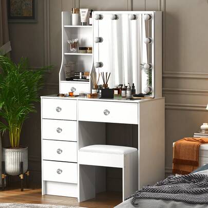 Modern Vanity Dressing Table, Makeup Desk With LED Light Mirror Stool Drawer - Perfect For Organizing Makeup, Skincare, Elegant Vanity|Decorative Vanity, Vanity Furniture, Compact For Small Space, Bedroom Decor Gift , Suitable For Christmas And Halloween Decorations