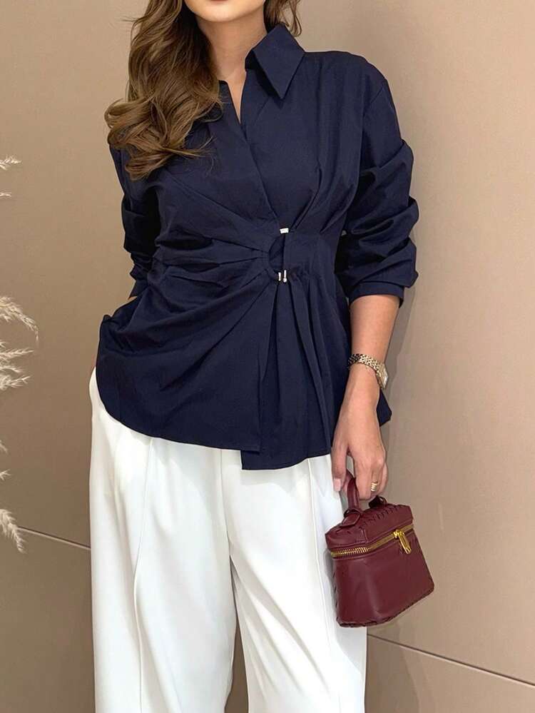Women's Elegant Waist Design Long Sleeve Commuter Shirt, Solid Color Woven Fabric, Suitable For Office And Daily Wear, Spring/Summer - Navy Blue - View 5