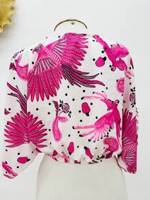 KISTYLE Crepe Blouse With Batwing Sleeves And Tie - Hot Pink - View 4