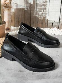 女式黑色百搭乐福鞋，全新柔软 PU 材质，圆头，加大码，英伦风格平底工作/通勤鞋，春/秋