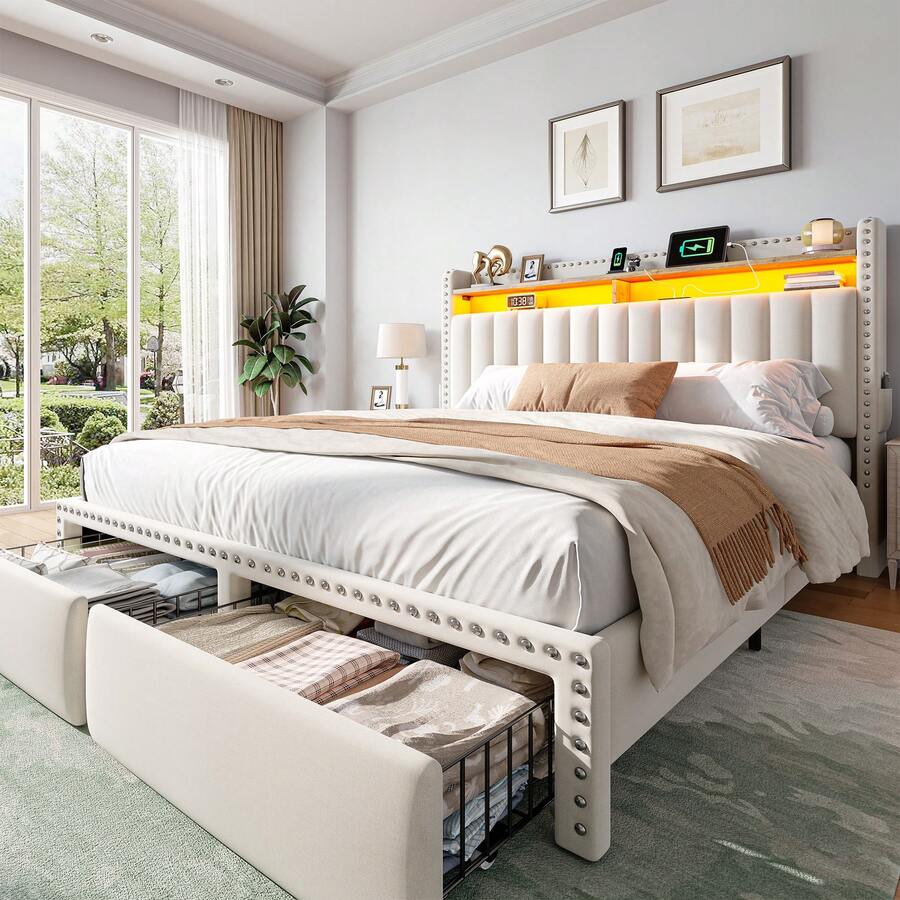 Full/Queen/King Size Bed Frame With 2 Storage Drawers Upholstered Platform Bed Frame With LED Lights, Charging Station And Headboard, Beige - 米色 - 查看 1