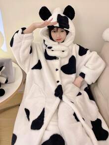 女士冬季连帽毯 - 加厚毛绒动物图案长毯，超柔软保暖毯，卡通风格不透明成人毯，舒适休闲，可爱设计，加厚毛绒保暖，居家保暖毯 - 彩色 - 查看 4