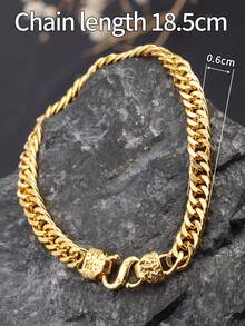 1 件 24K 镀金铜双面繁荣符号扁平双扣闪亮宽链手链配饰，可调节，时尚百搭，适合男士，适合日常佩戴、派对、送给男朋友/兄弟的礼物 - 雙面福字頭扁雙扣寬版男士手鍊 - 查看 4