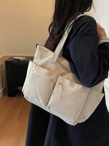 1 件米色多口袋实用手提包，简约时尚，大容量，适合学校/大学生的单肩包，拉链开合，休闲手提包，多功能手提包，通勤和旅行存储解决方案，简约纯色手提包，轻松搭配各种服装 - 米色 - 查看 3