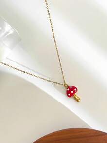 Monlansher New Fashionable Women's Stainless Steel Pendant Necklace, Minimalist Design With Mushroom & Cherry Elements, Versatile Casual Wear - Gold - View 6