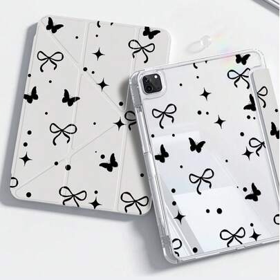 这款精美可爱的卡通黑蝴蝶波点蝴蝶结双面彩绘亚克力透明水晶背壳，防震设计，适用于 iPad 第七代、第八代（10.2 英寸）和第十代。内置笔槽，支持睡眠唤醒功能/多种折叠支架方式。是万圣节和新年礼物的理想之选。