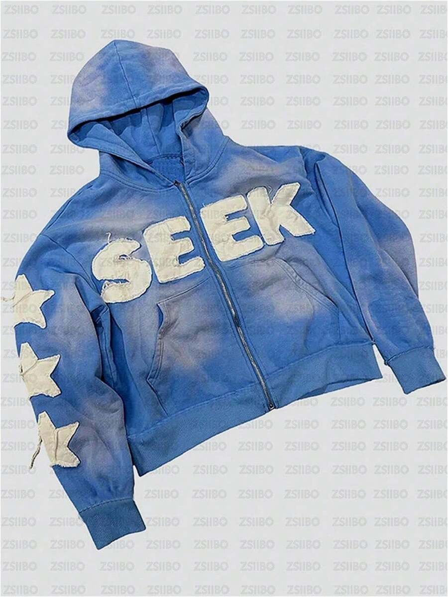 Unisex Retro Y2K Letter Patch Embroidered Zip-Up Hoodie Sweatpants Set Couple High-Street Stylish Versatile Streetwear - Áo nỉ màu xanh - Xem 1