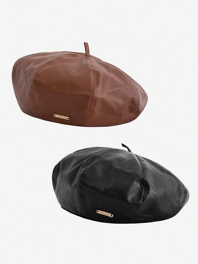 1pc Unisex Classic Fashion Versatile PU Beret Hat, Retro Artist Cap With Metal Decor, Suitable As Birthday, Holiday Gift